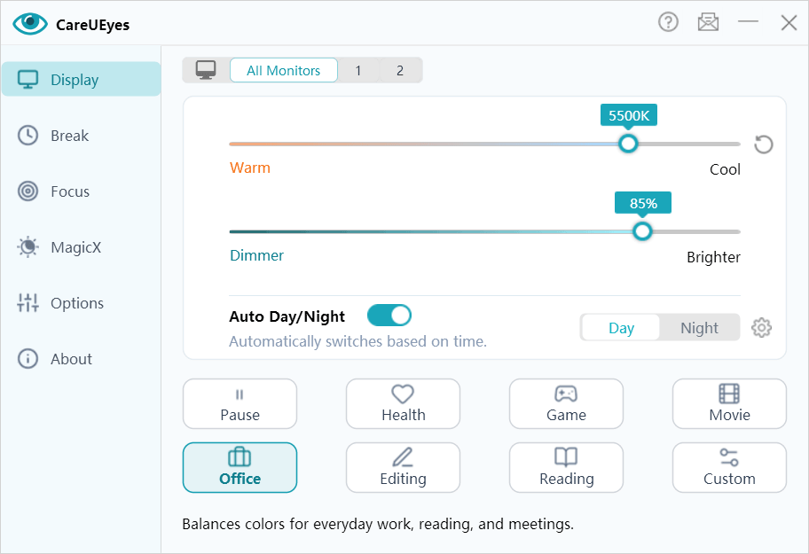 CareUEyes screen dimmer with multi-monitor brightness control