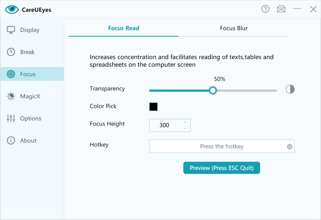 CareUEyes focus mode interface
